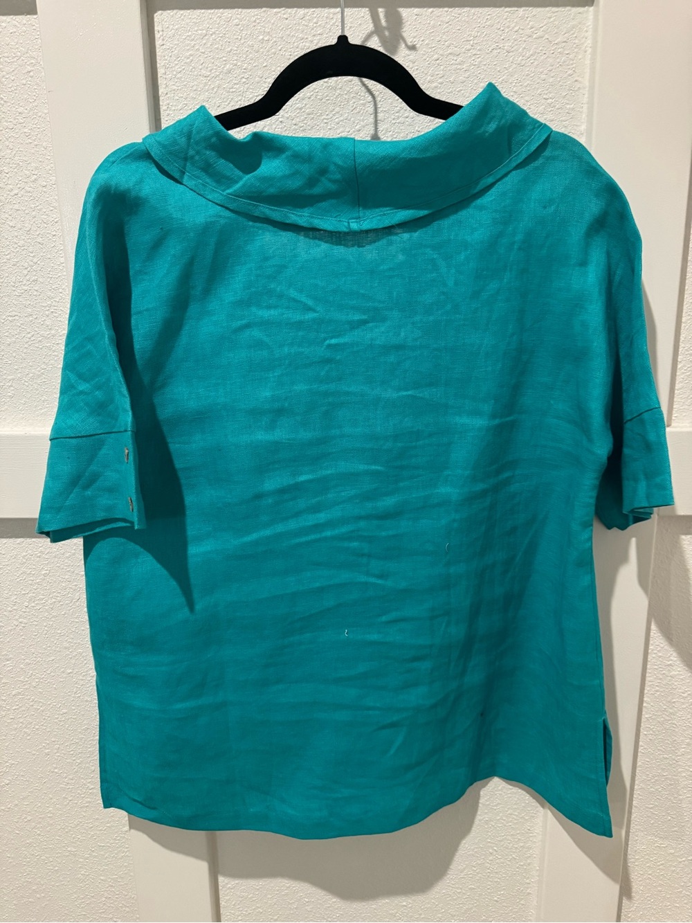 New! Lintco Turquoise Linen V-Neck Short Sleeve Top - Picture 5 of 6